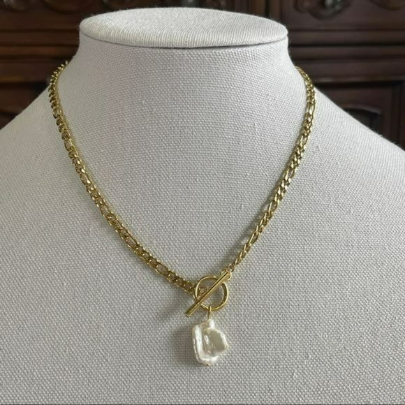 18K Gold Plated Chain Link Baroque‎ Freshwater Pearl Pendant Necklace 17..5in - Picture 5 of 10